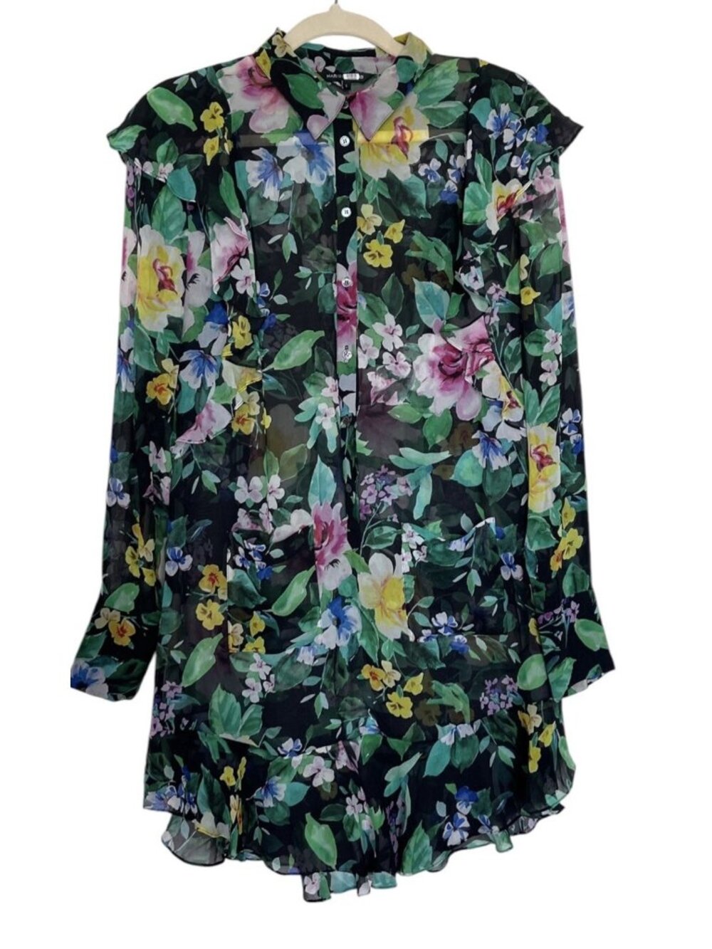 Marissa Webb Dress Womens Size Large Short Floral Sheer Long Sleeve Black Pink